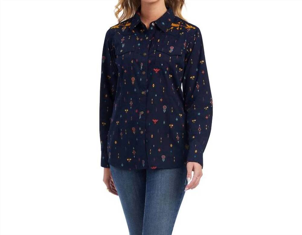 NEW ARIAT dakota snap shirt in navy multi print
